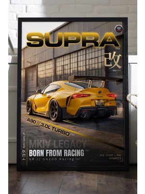 Duvarda Toyota Supra Siyah Ahşap Çerçeveli Poster, Dekoratif Araba Duvar Tablosu
