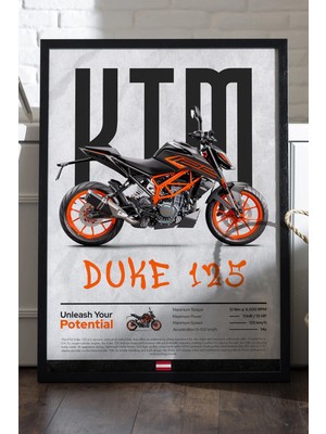 Duvarda Ktm Duke 125 Siyah Ahşap Çerçeveli Poster, Dekoratif Motosiklet Duvar Tablosu