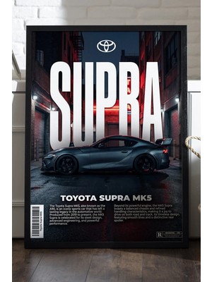Duvarda Toyota Supra Siyah Ahşap Çerçeveli Poster, Dekoratif Araba Duvar Tablosu