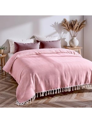 Yağmur Store Kanepe, Koltuk ve Yatak Örtüsü - 200X220 cm -%100 Pamuk Iplik - Nefes Alır ve Yakmaz - Oturma Odası ve Yatak Odası Dekorasyonu - Orta Kalınlıkta Pamuk Battaniye - Boho Tasarım - Pudra
