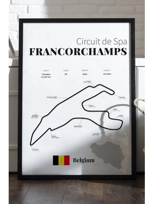 Duvarda Francorchamps Formula 1 Siyah Ahşap Çerçeveli Poster, Dekoratif Harita Duvar Tablosu