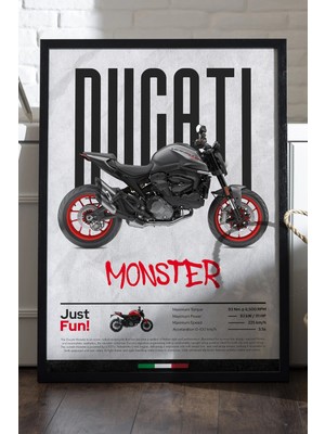 Duvarda Ducati Monster Siyah Ahşap Çerçeveli Poster, Dekoratif Motosiklet Duvar Tablosu