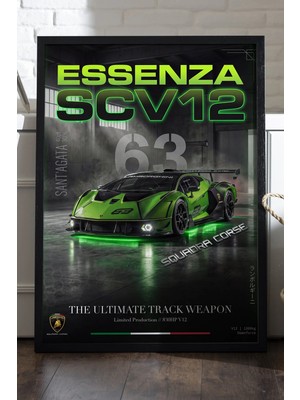 Duvarda Lamborghini Essenza Siyah Ahşap Çerçeveli Poster, Dekoratif Araba Duvar Tablosu
