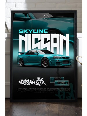 Duvarda Nissan Gt-R Skyline Siyah Ahşap Çerçeveli Poster, Dekoratif Araba Duvar Tablosu