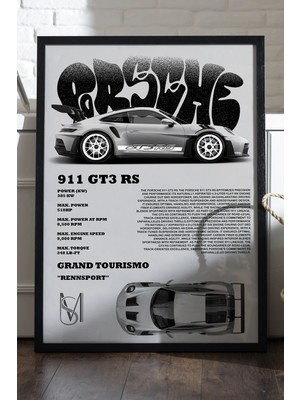 Duvarda Porsche 911 Gt3 Rs Siyah Ahşap Çerçeveli Poster, Dekoratif Araba Duvar Tablosu