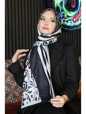Yağmur Store Barok Desen Siyah - Beyaz Soft Pamuk Şal Siyah