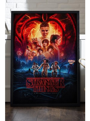 Duvarda Stranger Things Siyah Ahşap Çerçeveli Poster, Dizi Duvar Tablosu