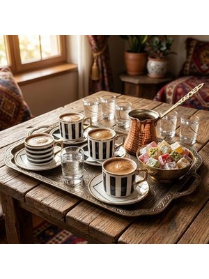 Yağmur Store 6 Kişilik Porselen Türk Kahvesi Fincan Takımı – Modern Siyah Beyaz Çizgili ve Altın Yaldız Detaylı 12 Parça Kahve Seti (Hediye Kutulu)