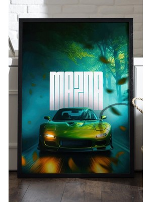 Duvarda Mazda Rx-7 Siyah Ahşap Çerçeveli Poster, Dekoratif Araba Duvar Tablosu