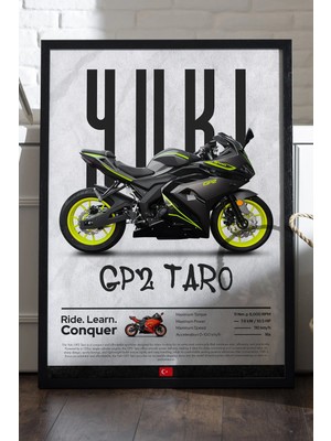 Duvarda Yuki Gp2 Taro Siyah Ahşap Çerçeveli Poster, Dekoratif Motosiklet Duvar Tablosu