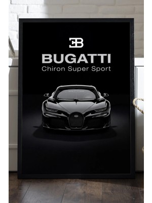 Duvarda Bugatti Chiron Siyah Ahşap Çerçeveli Poster, Dekoratif Araba Duvar Tablosu