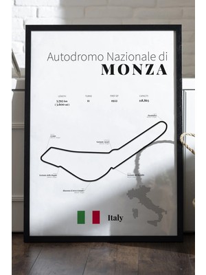 Duvarda Monza Formula 1 Siyah Ahşap Çerçeveli Poster, Dekoratif Harita Duvar Tablosu