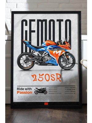Duvarda Cfmoto 250 Sr Siyah Ahşap Çerçeveli Poster, Dekoratif Motosiklet Duvar Tablosu
