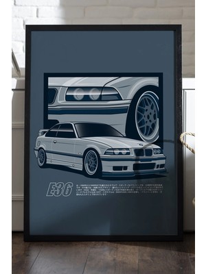 Duvarda Bmw E36 Siyah Ahşap Çerçeveli Poster, Dekoratif Araba Duvar Tablosu