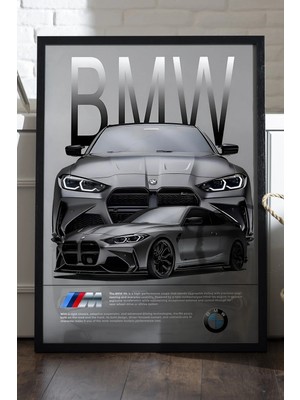 Duvarda Bmw M4 Araba Siyah Ahşap Çerçeveli Poster, Dekoratif Duvar Tablosu