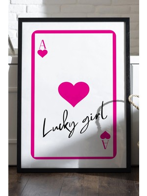 Duvarda Lucky Girl Oyun Kartı Doğal Ahşap Çerçeveli Poster, Dekoratif Pembe Duvar Tablosu