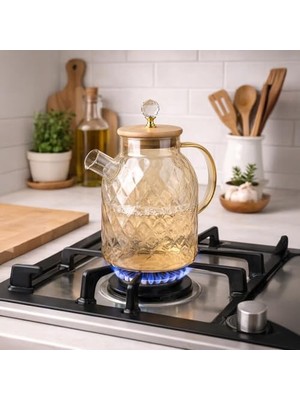 Yağmur Store 1600 ml  Desenli Isıya Dayanıklı Cam Demlik - Ahşap Kapaklı, Gold Detaylı Büyük Boy Borosilikat Çaydanlık