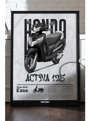 Duvarda Honda Activa 125 Siyah Ahşap Çerçeveli Poster, Dekoratif Motosiklet Duvar Tablosu