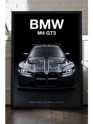 Duvarda Bmw M4 Gt3 Siyah Ahşap Çerçeveli Poster, Dekoratif Araba Duvar Tablosu
