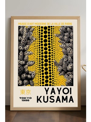 Duvarda Yayoi Kusama Doğal Ahşap Çerçeveli Poster, Dekoratif Sanatsal Duvar Tablosu