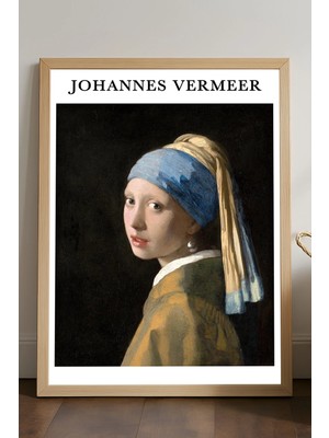Duvarda Johannes Vermeer Inci Küpeli Kız Doğal Ahşap Çerçeveli Poster, Dekoratif Sanatsal Duvar Tablosu