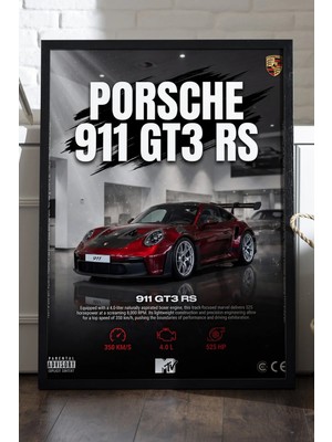 Duvarda Porsche 911 Gt3 Rs Siyah Ahşap Çerçeveli Poster, Dekoratif Araba Duvar Tablosu