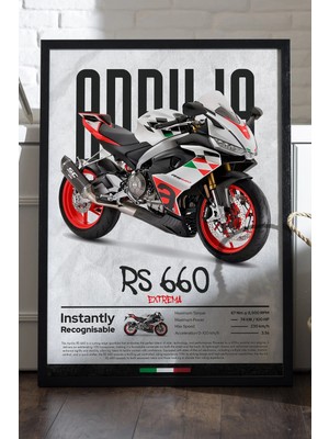Duvarda Aprilia Rs 660 Extrema Siyah Ahşap Çerçeveli Poster, Dekoratif Motosiklet Duvar Tablosu