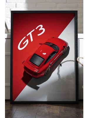 Duvarda Porsche Gt3 Siyah Ahşap Çerçeveli Poster, Dekoratif Araba Duvar Tablosu