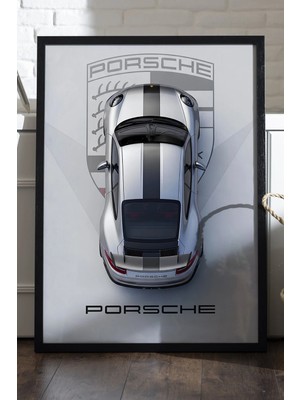 Duvarda Porsche 911 Siyah Ahşap Çerçeveli Poster, Dekoratif Araba Duvar Tablosu