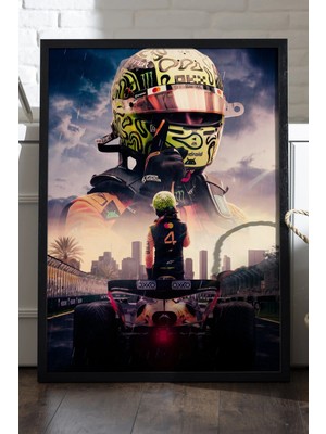Duvarda Lando Norris Siyah Ahşap Çerçeveli Poster, Dekoratif Formula 1 Duvar Tablosu