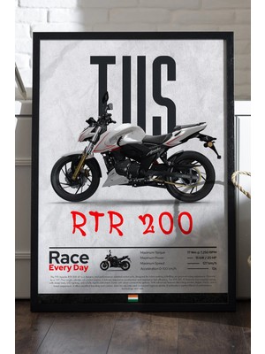 Duvarda Tvs Rtr 200 Siyah Ahşap Çerçeveli Poster, Dekoratif Motosiklet Duvar Tablosu