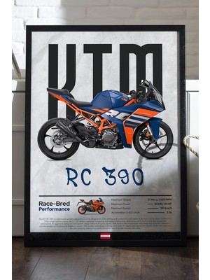Duvarda Ktm Rc 390 Siyah Ahşap Çerçeveli Poster, Dekoratif Motosiklet Duvar Tablosu