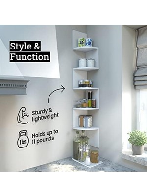 Yağmur Store Greenco Köşe Rafı, 5 Katlı, Duvar Montajı Ceviz