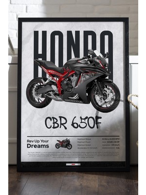 Duvarda Honda Cbr 650F Siyah Ahşap Çerçeveli Poster, Motosiklet Duvar Tablosu