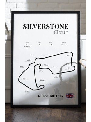 Duvarda Silverstone Formula 1 Siyah Ahşap Çerçeveli Poster, Dekoratif Harita Duvar Tablosu