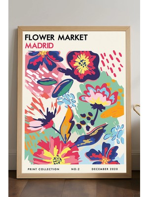 Duvarda Flower Market Madrid Doğal Ahşap Çerçeveli Poster, Dekoratif Sanatsal Duvar Tablosu