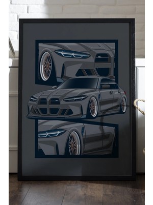 Duvarda Bmw M3 G80 Siyah Ahşap Çerçeveli Poster, Dekoratif Araba Duvar Tablosu