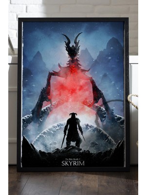 Duvarda Skyrim Siyah Ahşap Çerçeveli Poster, Dekoratif Oyun Duvar Tablosu