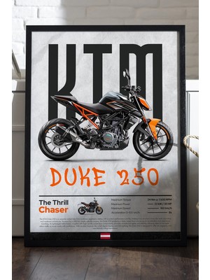 Duvarda Ktm Duke 250 Siyah Ahşap Çerçeveli Poster, Dekoratif Motosiklet Duvar Tablosu
