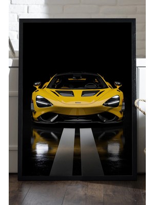 Duvarda Mclaren 765LT Siyah Ahşap Çerçeveli Poster, Dekoratif Araba Duvar Tablosu