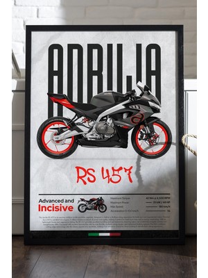 Duvarda Aprilia Rs 457 Siyah Ahşap Çerçeveli Poster, Dekoratif Motosiklet Duvar Tablosu