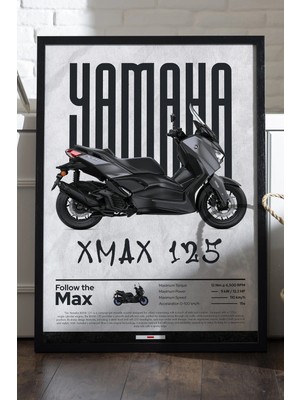 Duvarda Yamaha X-Max 125 Siyah Ahşap Çerçeveli Poster, Dekoratif Motosiklet Duvar Tablosu