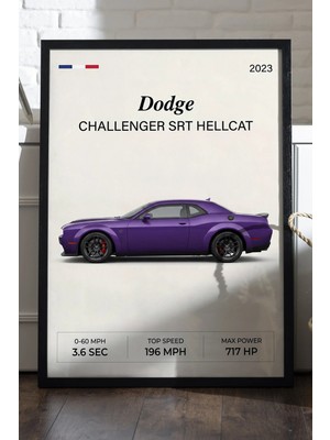 Duvarda Dodge Challenger Srt Siyah Ahşap Çerçeveli Poster, Dekoratif Araba Duvar Tablosu
