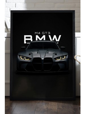 Duvarda Bmw M4 Gt3 Siyah Ahşap Çerçeveli Poster, Dekoratif Araba Duvar Tablosu