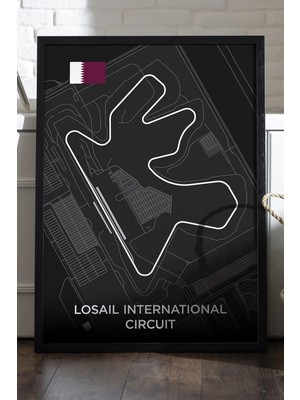 Duvarda Losail Pist Haritası Siyah Ahşap Çerçeveli Poster, Dekoratif Harita Duvar Tablosu