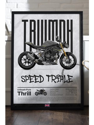 Duvarda Triump Speed Triple Siyah Ahşap Çerçeveli Poster, Dekoratif Motosiklet Duvar Tablosu