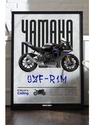 Duvarda Yamaha YZF-R1M Siyah Ahşap Çerçeveli Poster, Dekoratif Motosiklet Duvar Tablosu