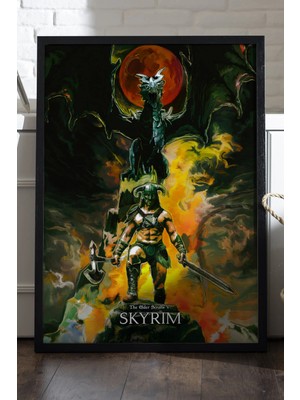 Duvarda Skyrim Siyah Ahşap Çerçeveli Poster, Dekoratif Oyun Duvar Tablosu
