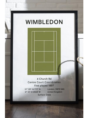 Duvarda Wimbledon Siyah Ahşap Çerçeveli Poster, Dekoratif Tenis Duvar Tablosu