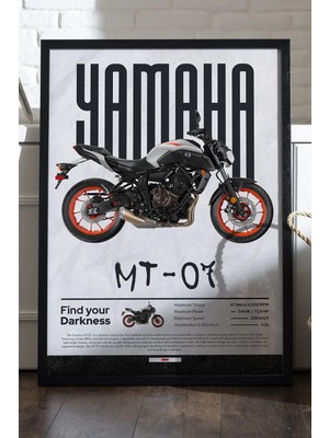 Duvarda Yamaha Mt-07 Siyah Ahşap Çerçeveli Poster, Dekoratif Motosiklet Duvar Tablosu